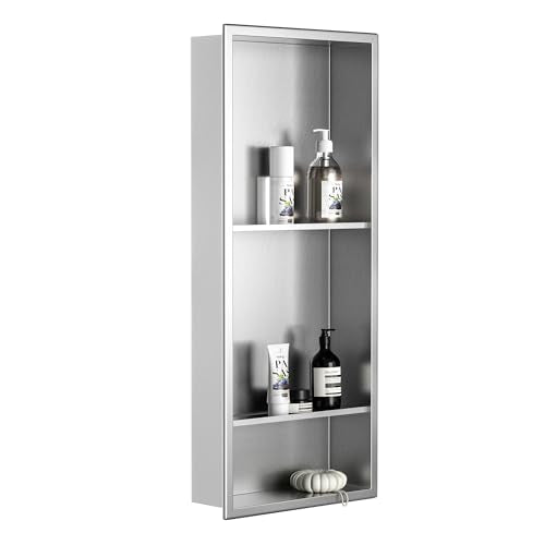 Stainless Steel Shower Niche Brushed 30" X 12" W/ 3-Tier Shelf | Recessed shower niche no tile needed,space-saving,vertical niche, silver bathroom niche shower for shampoo & soap storage - color: Brushed, size: 30"x 12"