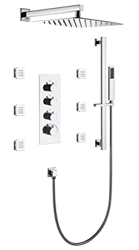 Cascada Luxury 12” Rainfall Shower set (Wall Mounted) with 4 knob thermostatic Valves & 3 functions (Rainfall, Body jets & Hand Shower) (Brushed Nickel) - color: Brushed Nickel