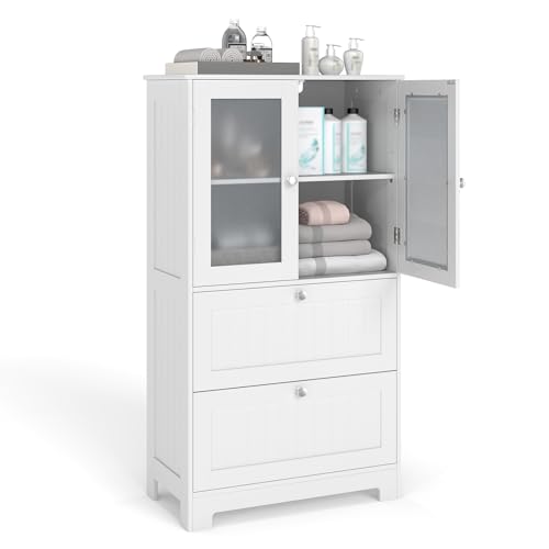 Tangkula Bathroom Floor Storage Cabinet, Freestanding Cupboard Pantry with 2 Drawers and 2 Frosted Glass Doors, Adjustable Shelf, for Kitchen, Living Room, Dining Room, 23.5" x 12" x 42.5" (White)