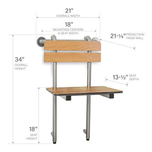 Seachrome Profile Folding Shower Seat with 18 inch Grab Bar, Removable Hanging Bench with Backrest & Legs, Teak Phenolic Seat, Stain Stainless Steel Grab Bar - color: Teak Phenolic Seat