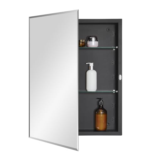 IDYLLOR Black Bathroom Medicine Cabinet with Beveled Edge Mirrored Door 20 x 26 inch, Recessed or Surface Mount, with Adjustable Glass Shelves - color: Matte Black, size: 20x26 inch Beveled Edge Mirror