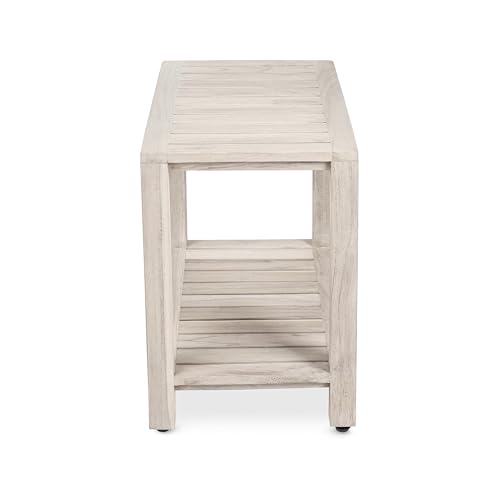 Gray Teak Shower Bench with Shelf 21 Inch for Bathroom, Spa - Fully Assembled, Shower Stool, Rustic Gray Finish, The Elisa