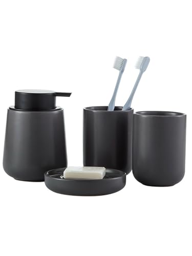 Ceramic Bathroom Accessories Set, foaming soap Dispenser,Bathroom soap and Toothbrush Holder Set,4 Piece with Soap Dispenser, Soap Dish, Toothbrush Holder and Cup, Grey