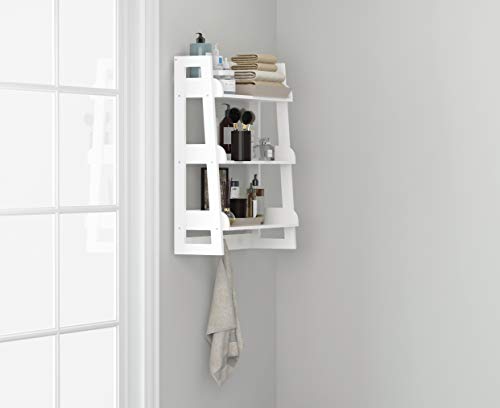 UTEX Bathroom Wall Shelf, 3-Tier Wall-Mounted Organizer with Hooks, White | Space-Saving Ladder Design, 3 Fixed Shelves, 3 Hooks, FSC-Certified Wood for Bathrooms, Kitchens, Bedrooms, and Living Rooms