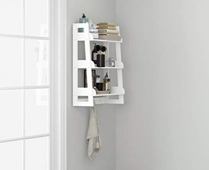 UTEX Bathroom Wall Shelf, 3-Tier Wall-Mounted Organizer with Hooks, White | Space-Saving Ladder Design, 3 Fixed Shelves, 3 Hooks, FSC-Certified Wood for Bathrooms, Kitchens, Bedrooms, and Living Rooms