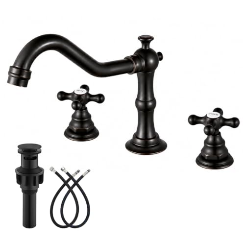 gotonovo Bathroom Faucet 3 Hole 8 Inch Widespread Bathroom Sink Faucet 2 Cross Handles Vintage Lavatory Vanity Mixer Tap with Pop Up Drain, HOT Cold Label, Oil-Rubbed Bronze - color: Oil Rubbed Bronze, style: HOT COLD Label