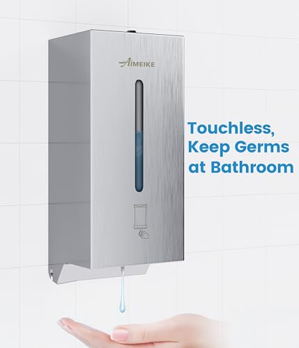 Commercial Automatic Wall-Mount Soap Dispenser, Stainless Steel | Touchless 800 mL commercial dispenser with stainless steel exterior, vertical window, keyed lock and 6 AA battery power. - color: 2003 Silver