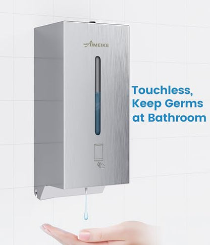 Commercial Automatic Wall-Mount Soap Dispenser, Stainless Steel | Touchless 800 mL commercial dispenser with stainless steel exterior, vertical window, keyed lock and 6 AA battery power. - color: 2003 Silver