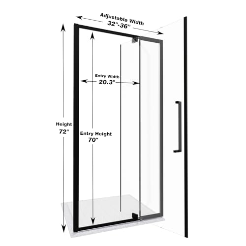 32-36" W x 72" H Semi-Frameless Pivot Swing Shower Doors | 1/4" (6mm) Clear SGCC Tempered Glass with a 20.3" walk-in opening, Matte Black Finish, Reversible, Magnetic Closing - color: Matte Black, size: 32" - 36"