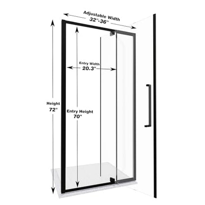 32-36" W x 72" H Semi-Frameless Pivot Swing Shower Doors | 1/4" (6mm) Clear SGCC Tempered Glass with a 20.3" walk-in opening, Matte Black Finish, Reversible, Magnetic Closing - color: Matte Black, size: 32" - 36"