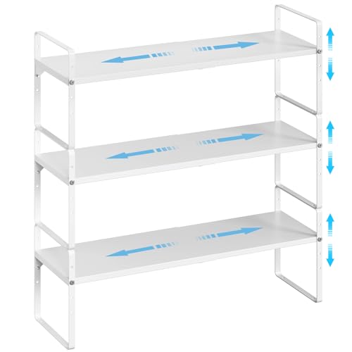 15.5 to 25.5 Inch Kitchen Cabinet Shelf Organizers, Adjustable Kitchen Counter Shelf Organizer, Set of 3 Expandable Countertop Storage Shelves, Stackable Design, 30LBS Heavy Duty, Space Saver - color: White, size: 3 Pack:15.5"-25.5"Long