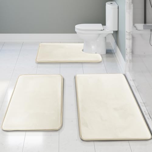 Clara Clark 3 Piece Bathroom Rugs Bath Mat Set, Velvet Memory Foam Bath Mats for Bathroom - Non-Slip, PVC Backing Bath Rugs, Washable - Dries Quickly, White - color: Off White