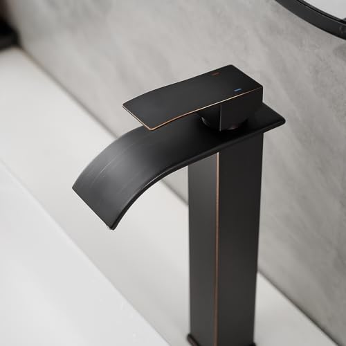Bathroom Faucet Oil Rubbed Bronze, Bathfinesse Faucet for Bathroom Sink 1 Hole One Handle Deck Mount Veseel Sink Bowl with Pop-up Drain Stopper and Supply Hoses - color: Oil Rubbed Bronze, size: Tall with Drain Assembly