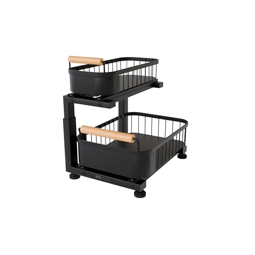 Premium Large Under Sink Organizer, 2-Tier Pull Out, Adjustable | Heavy-duty carbon steel, 7 adjustable heights and smooth ball-bearing sliding baskets for kitchen and bathroom cabinets
