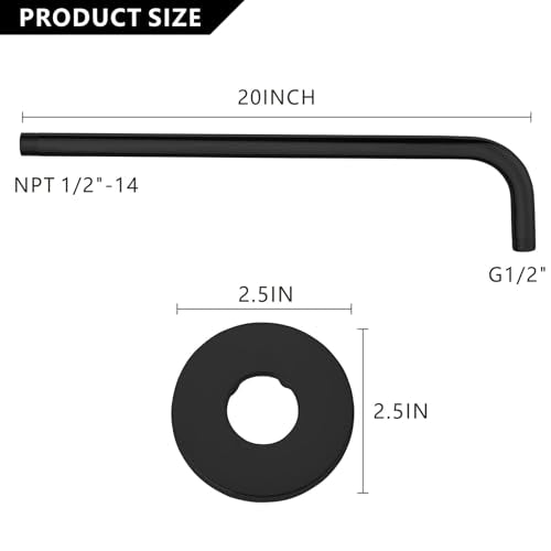 Voolan Shower Arm with Flange and Teflon Tape, Extension Shower Head Arm for Bathroom Fixed Shower Head, Solid Stainless Steel, Wall Mounted (20 Inch,Black) - color: Black, style: 20 Inch