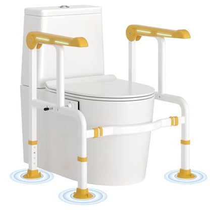 Toilet Safety Rails for Elderly & Disabled with Glow-in-the-Dark Handles, 450 lbs Heavy-Duty Frame, Flip-Up Arms, Dual Lock (Suction & Clamp), Adjustable No-Wobble Support, Yellow - color: Yellow