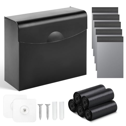 Sanitary Napkin Disposal Receptacle,9.4x7.8x3.5 inch Stainless Steel Wall Mounted Feminine Hygiene Waste bin with Disposable Sanitary Bags and Trash Bag Set for Bathroom,Office (Black) - color: Black