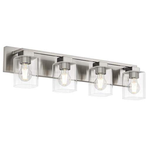 4-Light Brushed Nickel Bathroom Light Fixtures, with Clear Glass Shade | 29.5 Inch Bathroom Lighting Fixtures Over Mirror, Modern Wall Light, bathroom vanity light E26 Socket, ETL - color: Brushed Nickel, size: 4-Light