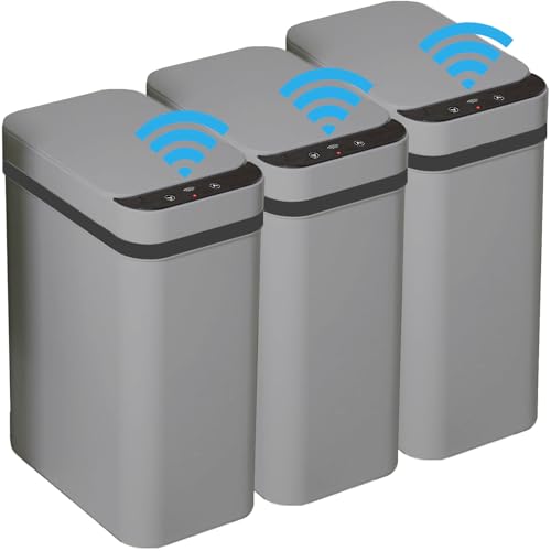 3 PACK - Small Trash Can with Lid for Bathroom - Automatic Trash Cans | Bedroom, Kitchen, Office - 2.5 Gallon Slim Smart Garbage Can Touchless - Motion Sensor Trash can Bathroom ( Grey ) - color: Grey