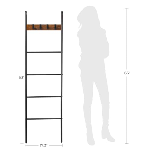 VASAGLE Blanket Ladder, 5-Tier Ladder Shelf, Decorative Ladder with 4 Removable Hooks, Metal Frame, Industrial Style, Rustic Brown and Black ULLS016B01