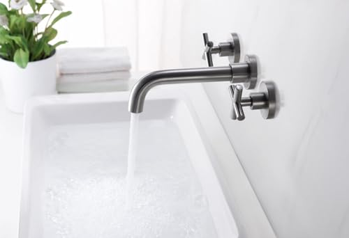SUMERAIN Wall Mount Bathroom Sink Faucet, Brushed Nickel | Dual Cross Handles, Rough-in Valve Included, 360°Swivel Spout - color: Brushed Nickel