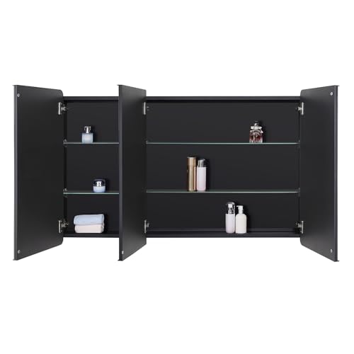 Bathroom Mirror Medicine Cabinet with Round Corner Framed Door 48 x 30 inch, Black，Recessed or Surface Mount, with Adjustable Glass Shelves - size: 48 x 30 inch