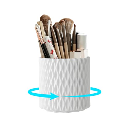 White Makeup Brush Holder, 360° Rotating Makeup Organizer | 5-slot spinning organizer for vanity, bathroom & desk — holds 30-50 makeup brushes, lipstick, hair brush & art supplies - style: White