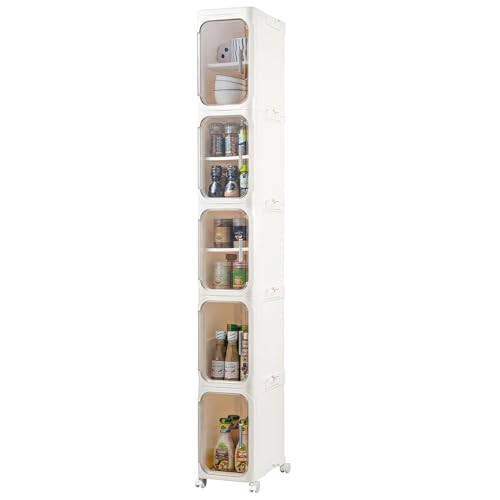 5-Tier Narrow Storage Cabinet Slim Bathroom Tall Skinny Organizer，Beige | Foldable Storage Cabinet with Lockable Rolling Wheels Magnetic Clear Door Adjustable Detachable Shelves For Narrow Space - color: Beige, size: 5-tier