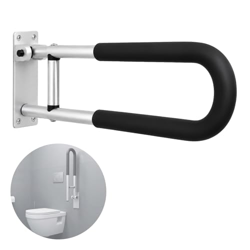 Toilet Safety Rail, 23.6 in Flip Up Foldable Wall Mount Grab Bar, Aluminum Alloy Bathroom Shower Assist Handrail with Anti-Slip Grip, Suitable for Elderly, Handicap, Pregnant & Post-Op Users