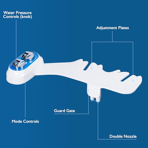 Non-Electric Bidet Attachment for Toilet, Dual Nozzle Rear & Feminine Wash | Easy to Install Self-Cleaning, Adjustable Water Pressure, for any Standard Two-piece Toilet