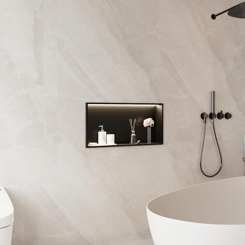 LED Stainless Steel Shower Niche 24" x 12" No Tile Needed | Recessed Wall Niche with Light, Shower Shelf for Bathroom Storage Insert Installation (Matte Black)