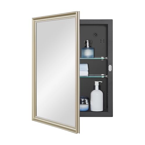 IDYLLOR Black Medicine Cabinet with 14x18 Inch Gold Frame Mirrored Door, Wall Mounted Storage, Recessed or Surface Mount, 2 Adjustable Glass Shelves, Vanity Organizer for Bathroom, Bedroom, Hallway - color: Matte Black, size: 14x18 inch Framed Mirrored Do