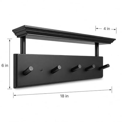 ) Matías Coat Rack Wall Mount with Shelf, 18 Inch Solid Wood Peg Rail, Wall Mounted Coat Rack with 5 Hooks, Wall Mount Shelf for Entryway, Bathroom or Bedroom (Black) - color: Black