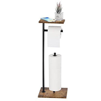 Toilet Paper Holder Stand Bathroom Toilet Paper Roll Holder with Shelf, Free Standing Toilet Paper Holders Floor Stand Freestanding Tissue Dispenser for Reserve Wipe Mega Rolls, Phone - color: Rustic Brown