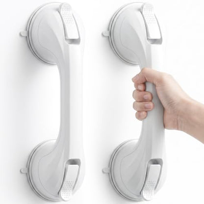 2 Pack Shower Grab Bar for Shower and Bathtubs, No Drilling, White | Suction Shower Handle for Elderly, Suction Cup Removable Handrails Safety Grip, Heavy Duty, 12 inch - color: White