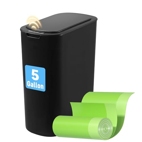 FRESHLIX 5 Gallon Bathroom Automatic Trash Can with Lid, Motion Sensor Touchless Trash Bin,Smart Electric Slim Waterproof Garbage Bin for Toilet, Office, Kitchen, Bedroom, Living Room (Black) - color: Black