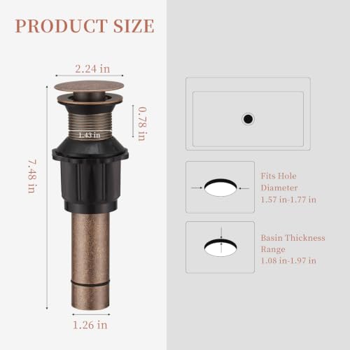 15/8" Bathroom Faucet Vessel Vanity Sink Pop Up Drain Assembly Stopper | Without Overflow Copper Push & Seal by Homevacious - color: Copper, style: Without Overflow