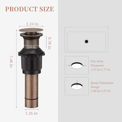 15/8" Bathroom Faucet Vessel Vanity Sink Pop Up Drain Assembly Stopper | Without Overflow Copper Push & Seal by Homevacious - color: Copper, style: Without Overflow