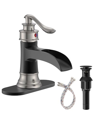 Bathroom Sink Faucet Waterfall Single Handle Matte Black and Brushed Nickel | Lavatory Vanity Basin Mixer Tap One Hole Lever Deck Mount Commercial Supply Line by Homevacious - color: Black & Nickel