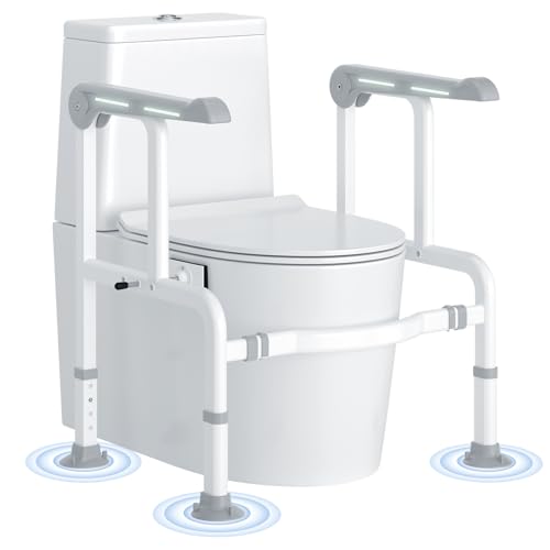 Toilet Safety Rails for Elderly & Disabled with Glow-in-the-Dark Handles, 450 lbs Heavy-Duty Frame, Flip-Up Arms, Dual Lock (Suction & Clamp), Adjustable No-Wobble Support, Grey - color: Gray