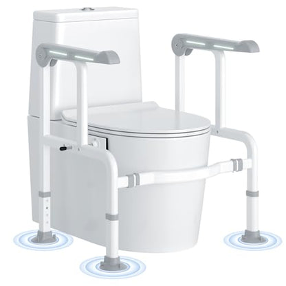 Toilet Safety Rails for Elderly & Disabled with Glow-in-the-Dark Handles, 450 lbs Heavy-Duty Frame, Flip-Up Arms, Dual Lock (Suction & Clamp), Adjustable No-Wobble Support, Grey - color: Gray
