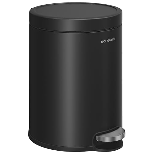 SONGMICS Bathroom Trash Can, 1.6 Gallon (6 L) Small Toilet Garbage Bin with Lid, Soft-Close, Stainless Steel, Pedal, Inner Bucket, Bedroom, Ink Black ULTB016BZ01 - color: Ink Black