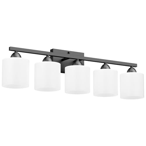 Black Bathroom Lighting Fixtures Over Mirror, 5-Light Anti-Rust Vanity Light for Bathroom, 28.34Inches Modern Wall Sconce, Standard E26 Base, Milky White Glass Shades, Bulbs Not Included - color: Black-5Light