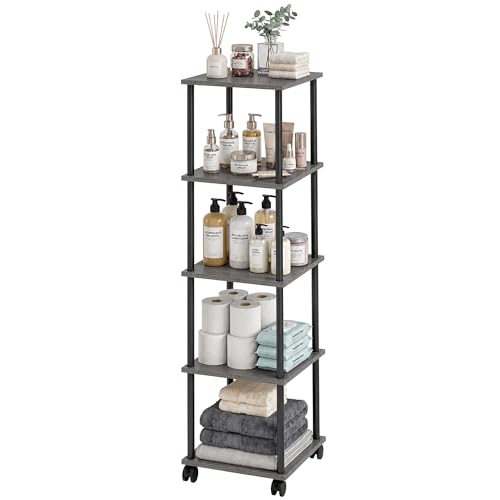 5-Tier 50.4" Tall Oak Grey Bathroom Shelving Unit with Wheels | Wood Finish, Metal Frame, Rolling Narrow Open Shelf Design, for Laundry Room, Kitchen, Living Spaces, Easy to Move - color: Oak Grey, size: 5-Tier