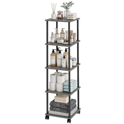 5-Tier 50.4" Tall Oak Grey Bathroom Shelving Unit with Wheels | Wood Finish, Metal Frame, Rolling Narrow Open Shelf Design, for Laundry Room, Kitchen, Living Spaces, Easy to Move - color: Oak Grey, size: 5-Tier