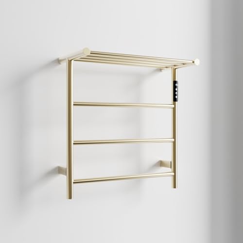 Towel Warmers for Bathroom, Stainless Steel Heated Towel Racks with Top Shelf, Wall Mounted Towel Heater with Intelligent Touch Screen Timer & Temperature Adjustment, Plug-in/Hard-Wired, Brushed Gold - color: Brushed Gold, size: 3-Bar with Top Shelf