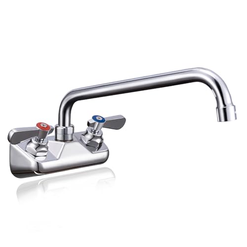 4" Center 12" Spout Commercial Wall Mount Sink Faucet for Restaurant & Bar | Solid Brass with Chrome Finish, 1.8 GPM Stainless Swivel Spout, Leak-Free Washerless Ceramic Cartridge Valve, 1/2" NPT Male - size: 4" center 12" spout