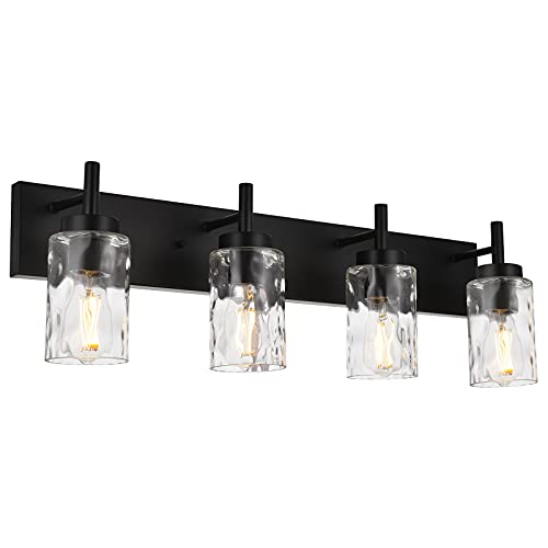 BONLICHT 4 Light Wall Vanity Bathroom Lights with Clear Hammered Glass in Black Finish,Modern Farmhouse Sconces Wall Lighting Fixtures Over Bath Makeup Mirror Industrial Wall lamp for Kitchen Hallway - color: Black, size: 4 Lights