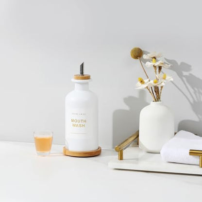 11.8OZ Mouthwash Dispenser for Bathroom, White | Bamboo & Stainless Steel Pour Spout, Mouthwash Cup Reusable, Bamboo Tray, Elegant Gold Label - color: White/350*1
