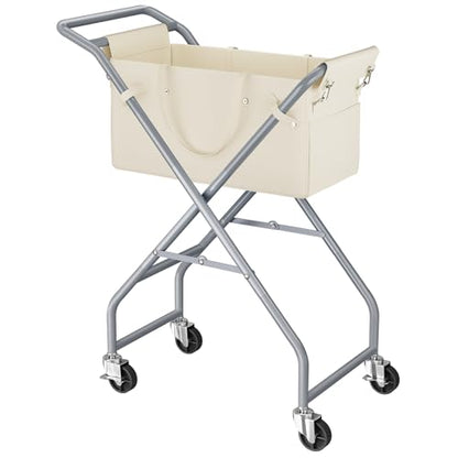 No-Bend Laundry Cart- Rolling Hamper with Locking Wheels & Handle, Foldable Basket Screw-Free Assembly, Durable Metal Frame & Removable Liner Bag for Bedroom & Bathroom (Beige) - color: Beige